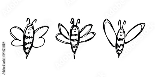 Set of hand drawn happy funny cute honey bee clipart Adorable flying striped insect friendly kawaii bumble bee For kids print, web, design, decor, logo