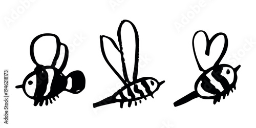 Set of hand drawn happy funny cute honey bee clipart Adorable flying striped insect friendly kawaii bumble bee For kids print, web, design, decor, logo