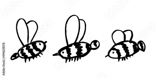 Set of hand drawn happy funny cute honey bee clipart Adorable flying striped insect friendly kawaii bumble bee For kids print, web, design, decor, logo