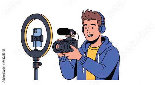 Vector graphic illustration of a happy vlogger recording content using a camera and ring light setup