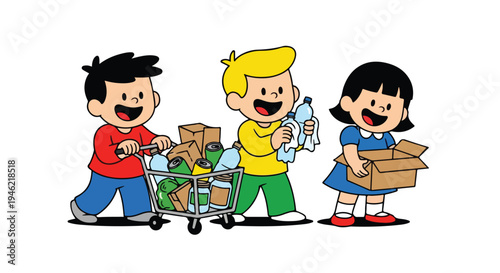 Three happy cartoon children are actively engaged in recycling, sorting cardboard, cans, and plastic bottles.