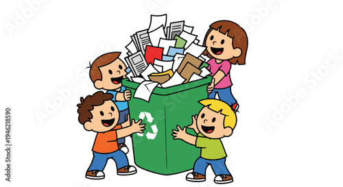 Four happy children work together to fill an overflowing green recycling bin with a variety of paper waste.