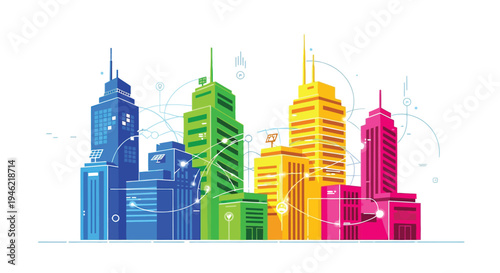 Vibrant vector illustration of a modern smart city cityscape with interconnected buildings and digital network lines.