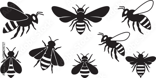 Bee Silhouette Set Flying Honey Bee Insect Vector Illustration