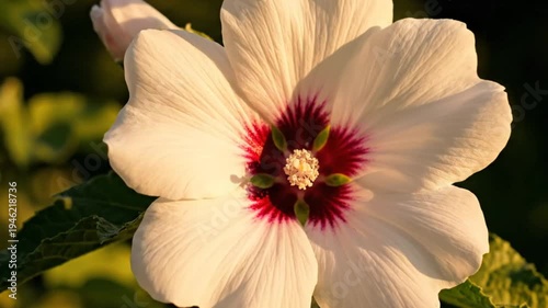 Close-up of a Beautiful White Hibiscus Flower with Dark Red Center in Full Bloom Amidst Green Foliage