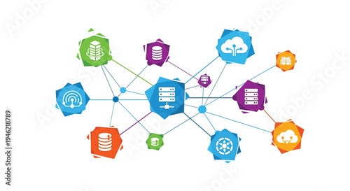 Abstract vector graphic illustration depicting interconnected cloud services data storage and network infrastructure elements