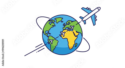 Modern vector illustration of global air travel connections with airplanes navigating around the world map.