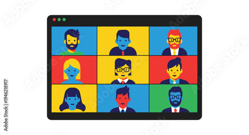 Colorful vector illustration depicting a diverse group of professional people engaging in a virtual video conference meeting online.