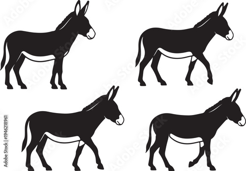 Donkey Silhouette Set Farm Animal Livestock Vector Illustration