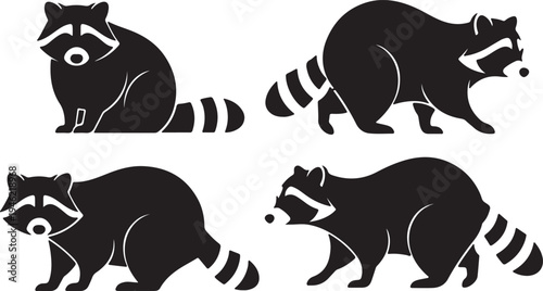 Raccoon Silhouette Set Wild Mammal Forest Animal Vector Illustration