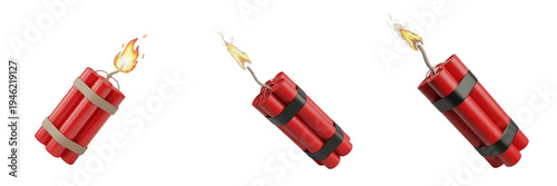 Tableau sur toile Burning Dynamite Bundle PNG Isolated on White Background, Flaming Red TNT Explos