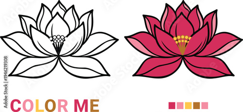 Kids coloring page featuring a gorgeous pink lotus flower, black and white outline alongside bright colorful example with palette, educational vector graphic.