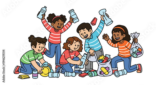 Smiling children actively collect plastic bottles and other recyclable waste, promoting environmental awareness and sustainability efforts.