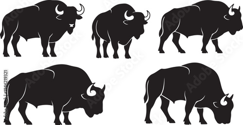 Bison Silhouette Set American Buffalo Wildlife Vector Illustration