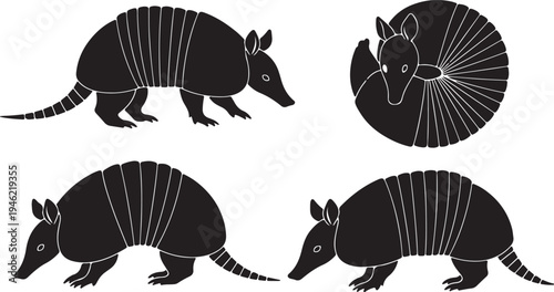 Armadillo Silhouette Set Armored Mammal Wildlife Vector Illustration