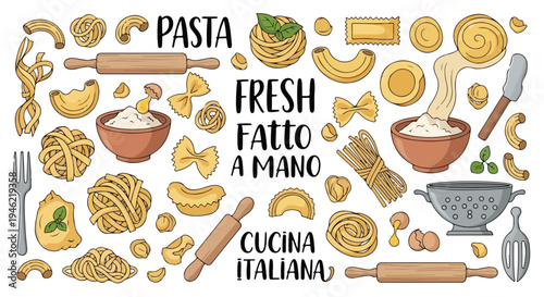 Various types of pasta, utensils, and ingredients for Italian cooking on a white background.