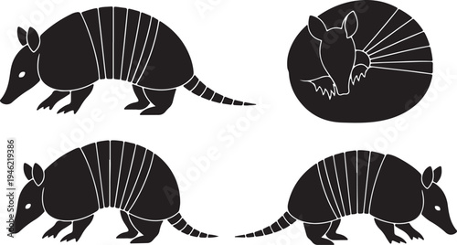 Armadillo Silhouette Set Armored Mammal Wildlife Vector Illustration