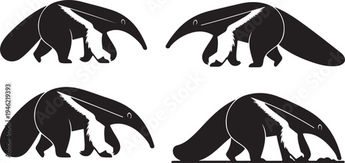 Anteater Silhouette Set Exotic Mammal Wildlife Vector Illustration