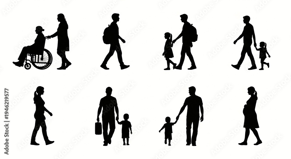Obraz premium A group of people walking together in various poses and silhouettes on a white background