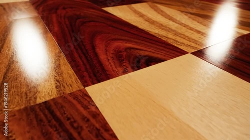 Close-up perspective of a glossy and polished hardwood checkerboard floor creating a warm and inviting look