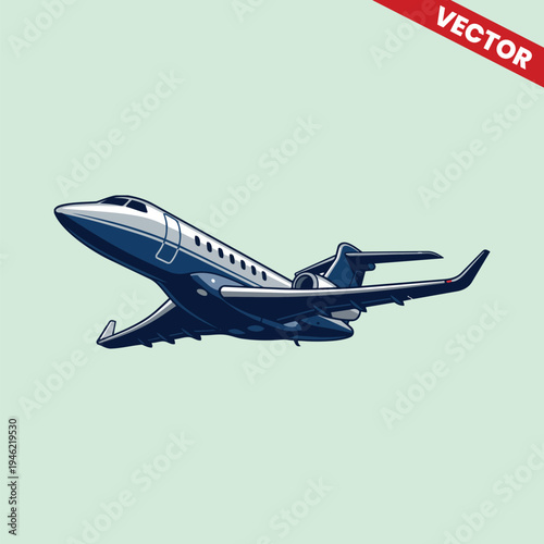 Dark Blue Luxury Private Jet Vector Illustration in Flight, Premium Executive Business Aircraft Graphic, Corporate Air Travel and Charter Services Concept, Modern Aviation Design Element