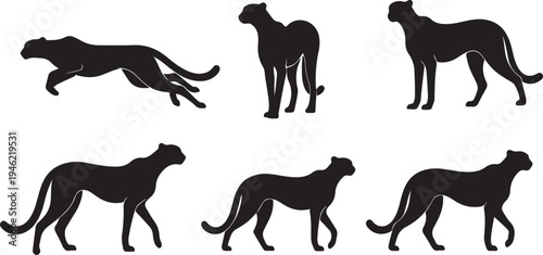Cheetah Silhouette Set Running Fast Wild Cat Vector Illustration