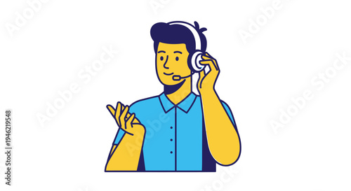 Stylized vector graphic illustration of a friendly customer service representative wearing a headset ready to assist