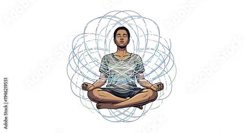 Vector illustration of a person meditating peacefully surrounded by an aura of interconnected geometric energy lines