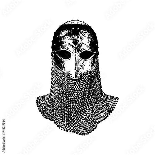 Medieval Chainmail Helmet Armor Vintage Engraved Illustration