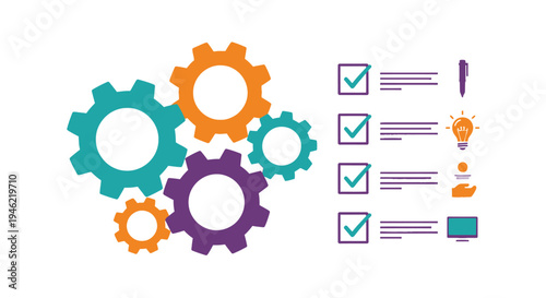 Abstract vector illustration showcasing a synchronized business workflow with gears and successful task completion