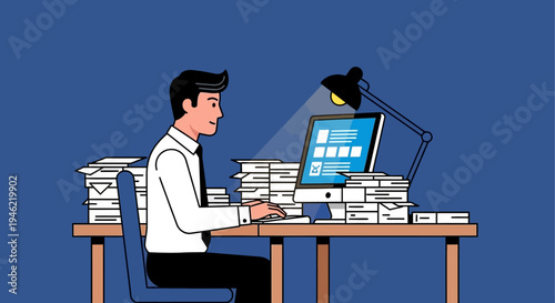 Overworked employee sitting at desk with piles of paperwork and computer