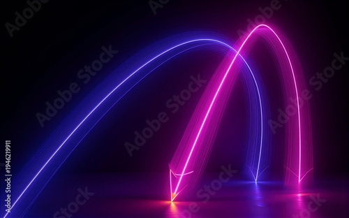 Vibrant neon arcs in purple and pink glow against a dark futuristic