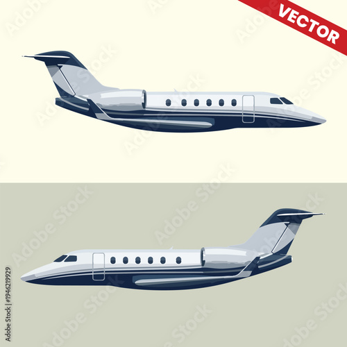 Collection of Two Modern Private Jet Planes Vector Illustration Different Angles Side View Corporate Aircraft for Business Travel and Aviation Concept