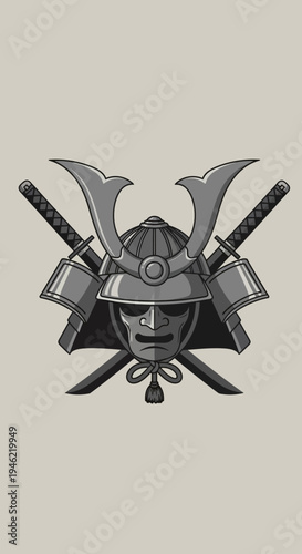 Samurai Helmet and Crossed Katanas Emblem Illustration