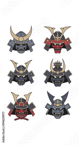 Set of Traditional Japanese Samurai Helmet and Mask Vector Illustrations