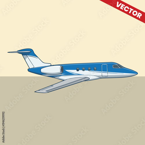 Blue and White Luxury Private Jet Vector Illustration Modern Business Aircraft Side View for Corporate Travel and High End Aviation Services Design