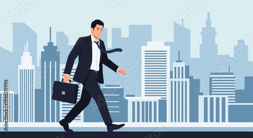 Tired Businessman Walking to Work in City with Briefcase