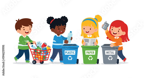 Four diverse and happy children actively participate in waste sorting, placing plastic bottles, paper, and metal cans into their respective labeled recycling bins.