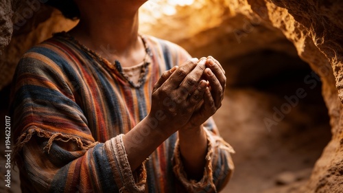 Biblical Joseph in a colorful tunic praying in a dark stone pit illuminated by a divine ray of light. Faith, hope and religion concept.