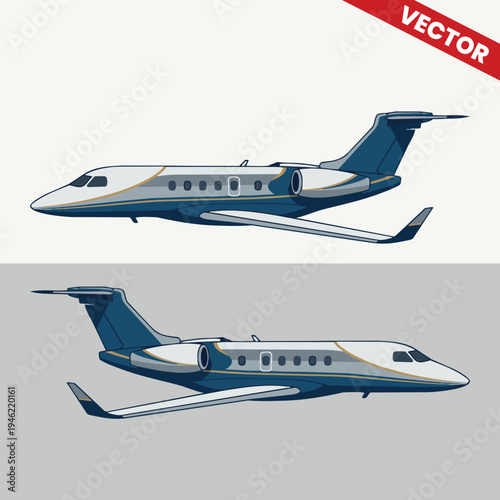 Two Private Jets Side View Set Vector Illustration Business Aircraft Collection for Aviation Marketing Premium Executive Charter Service and Corporate Flight Transportation Design Elements