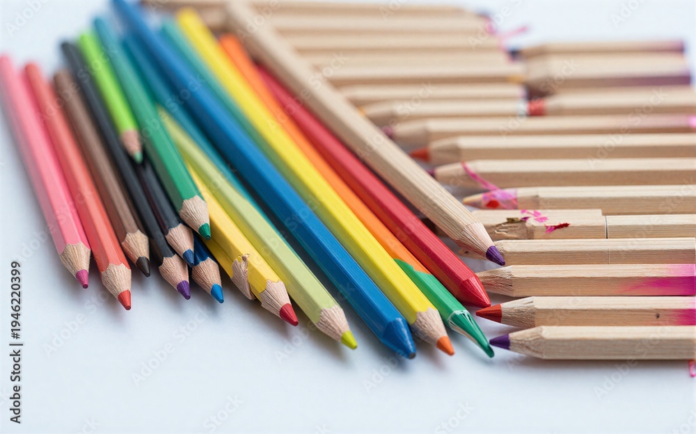 Naklejka premium Colorful pencils lined up wooden barrels blurred in background.