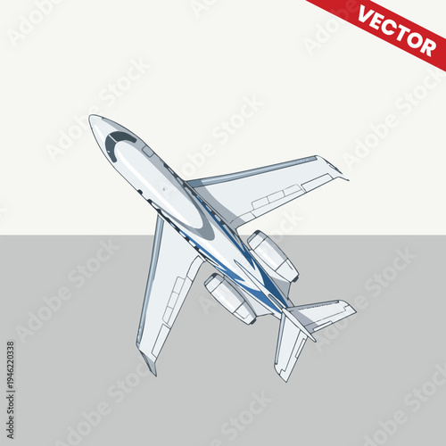 Top View of Private Business Jet Aircraft Maneuvering in Air Luxury Corporate Travel Aviation Concept Premium Executive Charter Plane Vector Illustration Isolated on Grey Background
