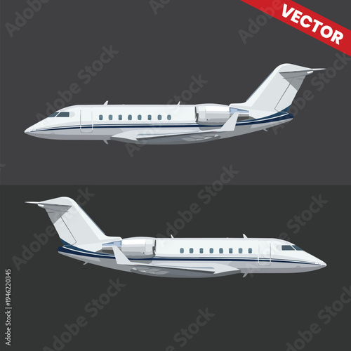 Set of Two Private Business Jets Flying in Parallel Side View Corporate Aviation Concept Luxury Air Travel Charter Service Premium Transportation Executive Aircraft Design Vector Illustration