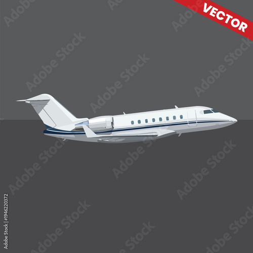 Luxury Private Jet Airplane Flying Side View Isolated on Dark Background Premium Business Aviation Travel Corporate Charter Transport High Class Executive Aircraft Wing Engine Vector Illustration