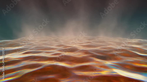 Surreal Molten Gold Ocean with Rising Steam and Foggy Background
