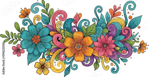 Colorful Floral Doodle Bouquet With Decorative Swirls and Leaves - Hand-Drawn Ornamental Design