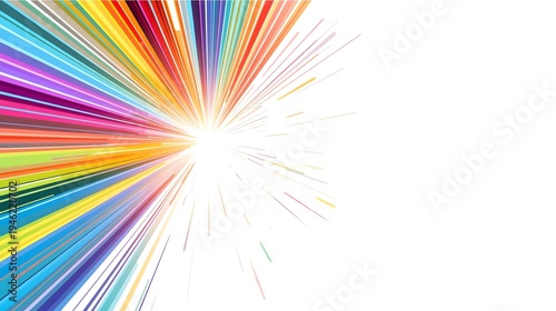Dynamic abstract illustration of a vibrant light burst, featuring radiant colorful spectrum rays expanding from a glowing core on a pristine white background
