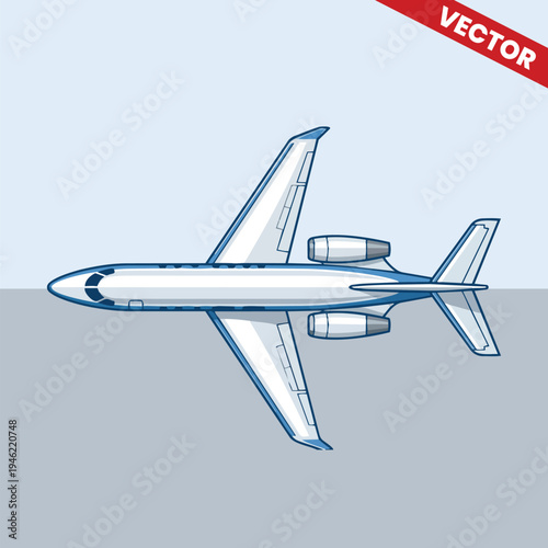 Clean Top View of Single Private Jet Airplane Isolated on Sky Background Vector Illustration for Aerospace Industry Corporate Travel and Commercial Aviation Logistics Graphic Design