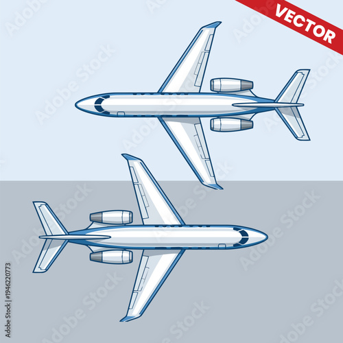 Top View of Two Private Business Jet Airplanes Flying Together in Sky Vector Illustration of Luxury Aviation Transport and Aerospace Design for Travel Industry Concept Isolated on Background