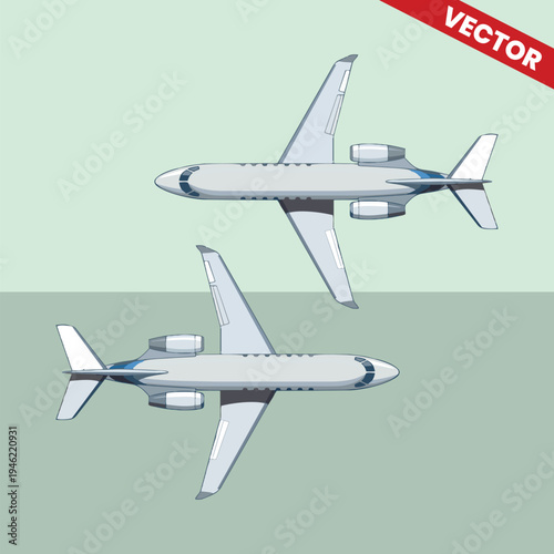 Dual Business Private Jets Top View Angle Flying in Opposite Directions Vector Illustration Corporate Aviation Concepts Luxury Executive Charter Planes Design Element for Travel Industry